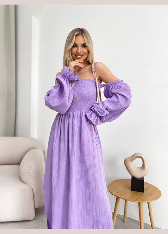 Сиреневое повседневный, вечернее женское платье макси с разрезом с открытыми плечами Україна однотонное