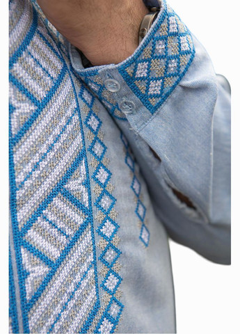 Голубая вышиванка льняная мужская ромбы Україна лен (322301866)