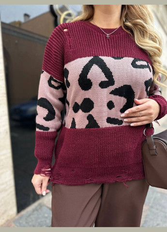 Бордовий теплий вязаний вовняний светр з лео вставкою рванка подовжений бордовий You Best