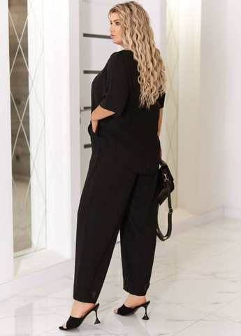 Базовый повседневный легкий свободный летний костюм двойка с украшением: удлиненная футболка позади + прямые брюки Україна (331783447)