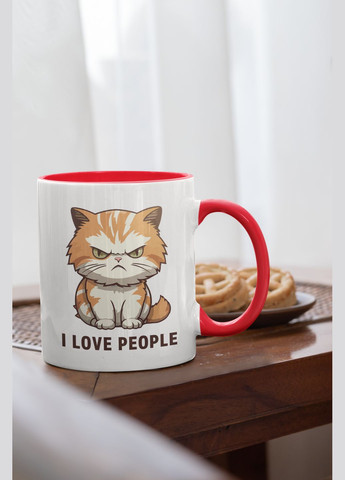 Чашка керамічна з принтом "I Love People" 330 мл, біла з червоною ручкою No Brand (324262498)