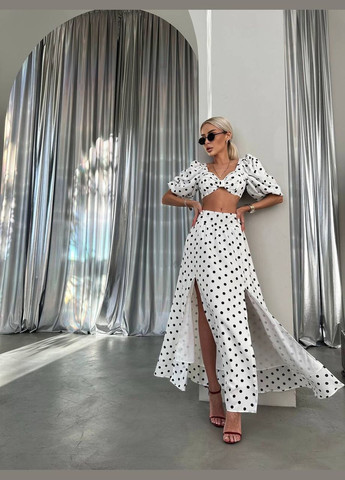 Шикарный белый лёгкий летний костюм из софта в горошек, приятный к телу открытый костюм 2-ка (топ+юбка-макси с разрезом) No Brand 258-1 (295903276)