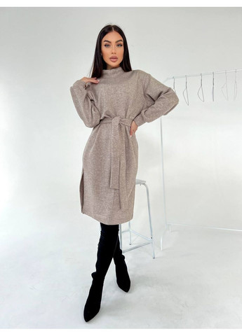 Бежевое ангоровое платье меди с поясом бежевого цвета 35445 платье-свитер Fashion однотонное