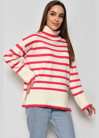 Белый зимний свитер женский полубатальный в полоску бело-розового цвета пуловер Let's Shop