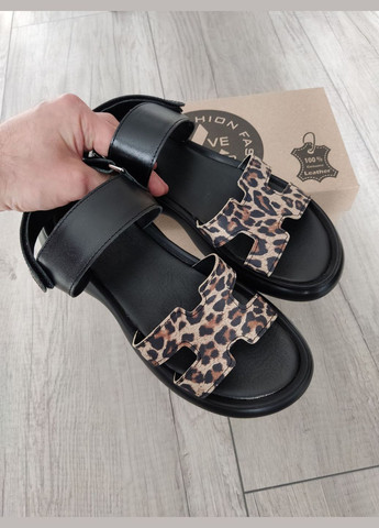 Чорні шкіряні жіночі босоніжки з леопардовим принтом Mermaid (297214162)