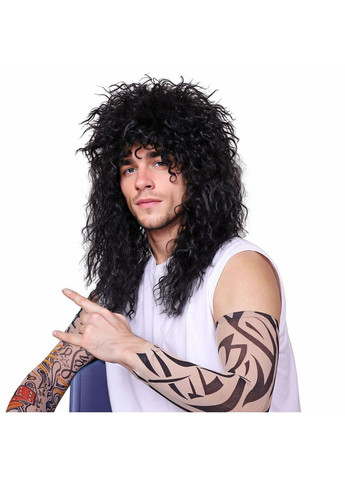 Перука чорна кучерява довга в стилі ретро рок зірки 80-х 90-х, з тату рукавами, для косплею вечірок зміни образу Хелловіну No Brand (366422034)