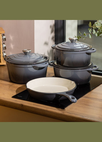 Набір чавунного посуду для приготування 3 каструлі та сковорода з емальованим покриттям Сірий HP-1-5 No Brand (353502283)