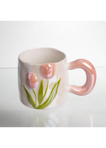 Новорічна порцелянова чашка для чаю та кави "Ніжний Тюльпан" з 3D-декором 400 мл, святкова кружка чашка на подарунок Рожевий Yiwu (371346018)