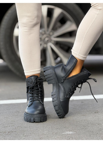 Чорні жіночі черевики на шнурівці тракторній підошві теплі на хутрі берці No Brand (369621395)