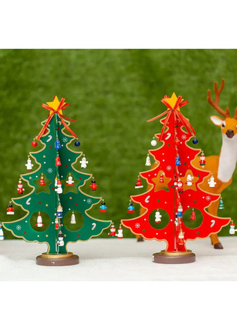 Червона настільна декоративна дерев’яна ялинка з іграшками, 22 см No Brand (315101610)