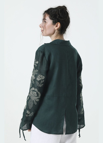 Зелёная длинная льняная женская вышиванка с широким рукавом и цветочной вышивкой аннета. зеленый, р.48, код 9470/48/1330 ГАЛЕРЕЯ ЛЬОНУ