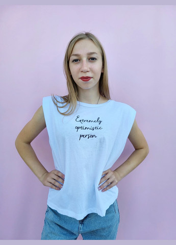 Біла літня футболка жіноча укорочена з підплічниками та написом Pink Woman