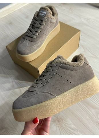 Бежевые кеды женские 633-5 утепленные замшевые на меху бежевые Hengji