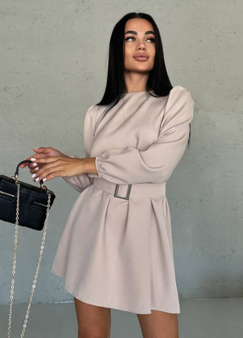 Бежевое вечернее базовое платье с поясом в комплекте а-силуэт Україна однотонное