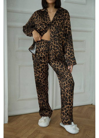 Коричневая всесезон женская пижама | коричневый леопард премиум рубашка + брюки Vital-Textile 1245