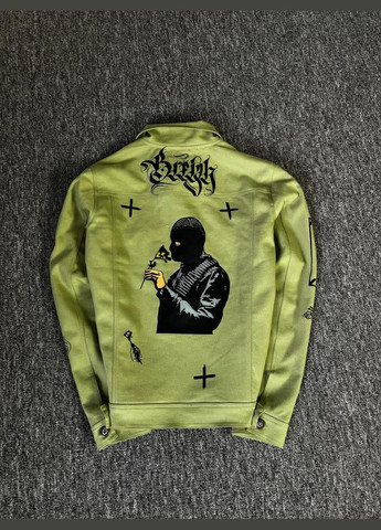 Комбинированная демисезонная зеленая мужская джинсовая куртка с принтом No Brand