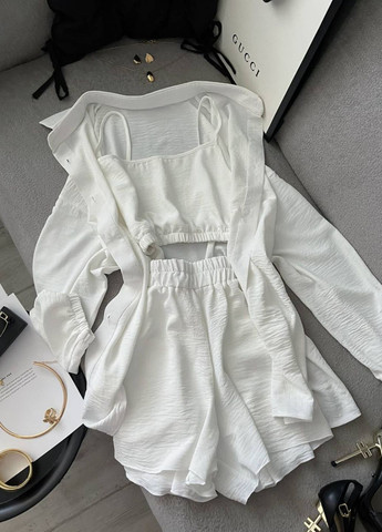 Изысканный легкий летний повседневный костюм тройка: рубашка+топ+шорты Allthings (344448125)