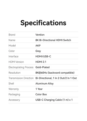 HDMI сплиттер HDMI 2.1 с 60Hz 3D HDCP HDR Dolby 7.1 свич двунаправленный 2 in 1 out Grey (AKPH0) Vention (341325775)