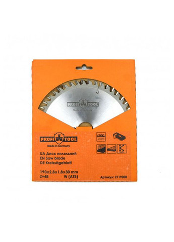 Диск пильный 190х2,8х1,8х30 мм Z=48 форма зубца W (ATB) асимметричная продольная и поперечная резка (11815) Profitool (295044380)