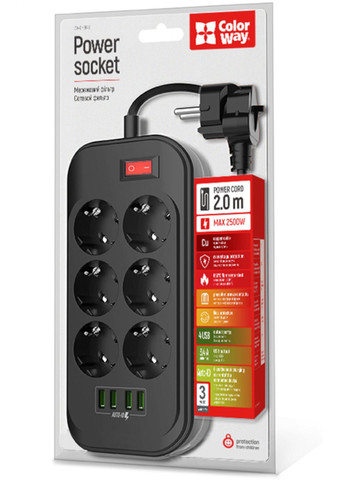 Мережевий фільтр-подовжувач, 2 метри, 6 розеток, 4 порти USB Colorway (358202028)