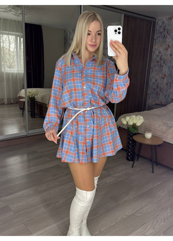 Голубое повседневный, вечернее, кэжуал женское платье с ремешком рубашка No Brand в клетку