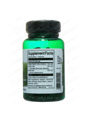Антиоксидант виноградна кісточка зелений чай соснова кора,, 60 капсул Swanson (364311056)