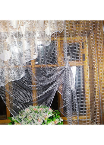 Фіранка кухона готова коротка Фаїна сіра срібна квітка ліва No Brand (372133764)