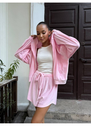 Женский велюровый костюм двойка: кофта на молнии и шорты с высокой посадкой MonCher (355340156)