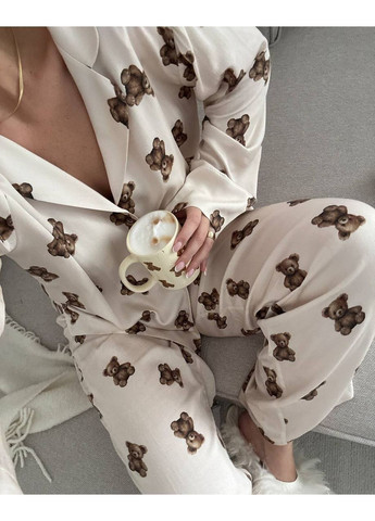 Молочная всесезон женская пижама с мишками рубашка + брюки No Brand