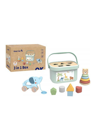 Розвиваючий набір 3в1 Дерев'яна каталка слоник - Сортер з фігурами - Пірамідка неваляшка Tooky toy (304625536)
