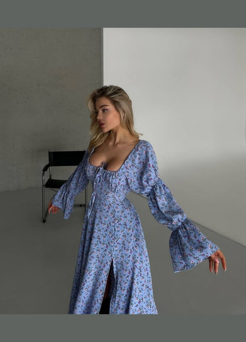 Голубое повседневный, кэжуал платье No Brand с цветочным принтом