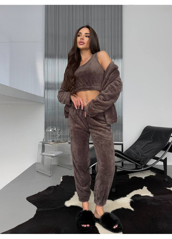 Коричнева жіноча махрова піжама трійка сорочка + топ + брюки No Brand Р4936-349/1