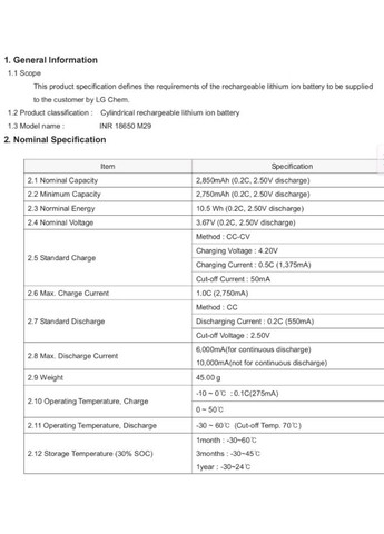 Аккумулятор 18650 3,7V 2850mAh 6Ah (INR18650M29) LG (370258821)