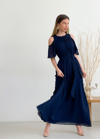 Синя святковий, вечірня сукня кльош, а-силует, з відкритими плечима Tom Tailor однотонна