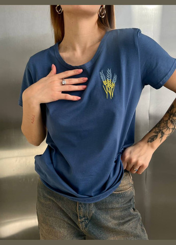 Синяя всесезон шикарная качественная синяя футболка onesize с вышивкой колосков, красивая патриотическая футболка из турецкого кулира хлопка No Brand 514-2