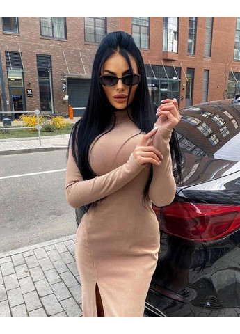 Бежева кежуал жіноча сукня з довгим рукавом Україна однотонна