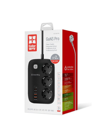 Фильтр питания CW-CHE34PDB GaN3 Pro PD 65W (2USB-A+2 TYPE-C) 3 розетки, 4 USB, 2 м, Colorway (336958750)