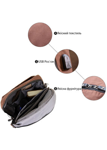 Рюкзак дорожній текстильний з кишенями та USB роз'ємом коричневий (sku_20626) No Brand (329860313)