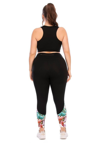 Женский фитнес костюм Plus Size с ярким принтом Женский спортивный комплект топ и лосины черный принт No Brand (370204806)