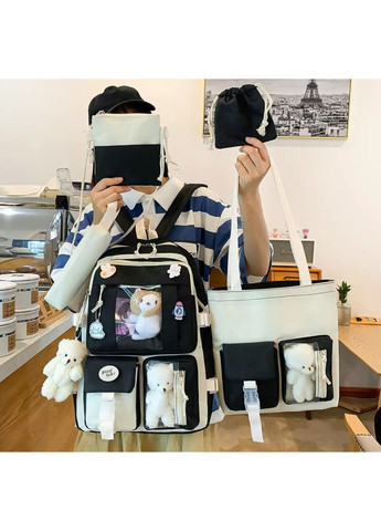 Шкільний набір 5 в 1 рюкзак, сумка-шопер, пенал, сумочка, сумочка-мішок 1294 Black-White No Brand (362475140)