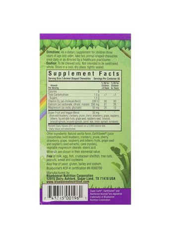 Rainforest Animalz Vitamin D3 400 IU for kids 90 Chewable Tabs Natural Mixed Berry Flavor Bluebonnet Nutrition (294058481)