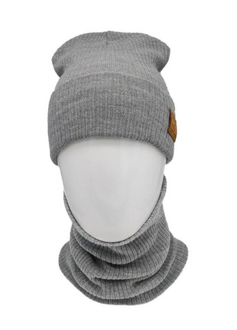 Зимняя женская шапка + бафф комплект светло-серая, трикотажная из акрила, теплая, эластичная, универсальный размер No Brand (363052215)