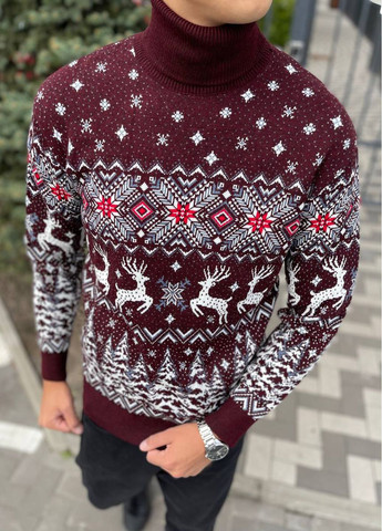 Бордовый зимний мужской новогодний свитер с оленями "christmas deer" черный, под шею джемпер No Brand
