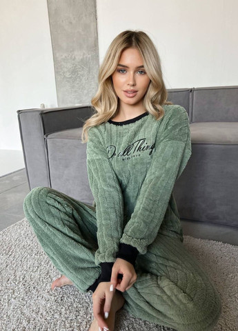 Оливковая зимняя женская однотонная плюшевая пижама с надписью свитшот + брюки Tik-Tak