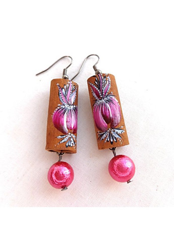 Серьги ручной работы из дерева корицы "Розовая Фуксия" No Brand (349843311)