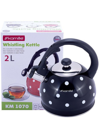 Чайник Polka Dot Kettle 2л из нержавеющей стали со свистком, в горошек, черный Kamille (339780106)