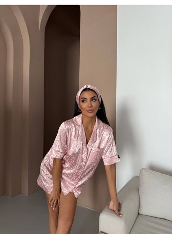 Розовая всесезон женская пижама розовая с леопардовым узором рубашка + шорты Vital-Textile 1288