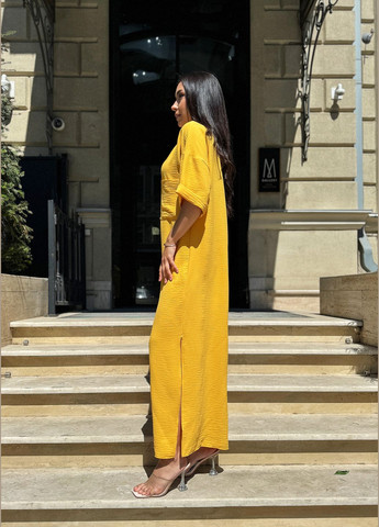 Желтое повседневный, пляжное летнее яркое желтое длинное платье оверсайз INNOE однотонное