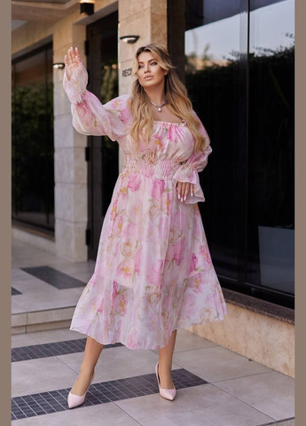 Розовое праздничный, коктейльное, вечернее платье меди из органзы а-силуэт Україна