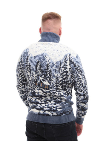 Синий зимний свитер мужской зимний с домиками синий ворот большой размер Pulltonic Пряма